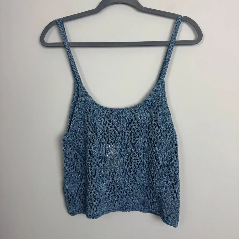 FREE PEOPLE | NEW Glisten Blue Shadow Open Knit Tank Top Women’s Size X-Large